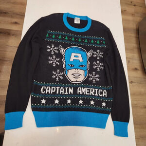 Marvel Captain America Ugly Christmas Sweater Medium Black Crewneck Vintage